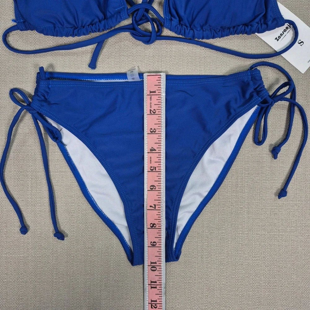 Zonsaoja Blue Triangle Halter Bikini Set Side Tie Bottoms Size Small NWT